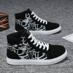 Mens Trendy Breathable High Top Board Shoes Strap Ties Graffiti Printed Flat Soles Versatile Outdoor Pattern